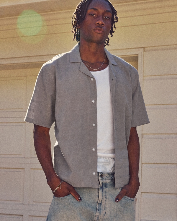 Boxy Textural Short-Sleeve Shirt, Dark Gray view 1