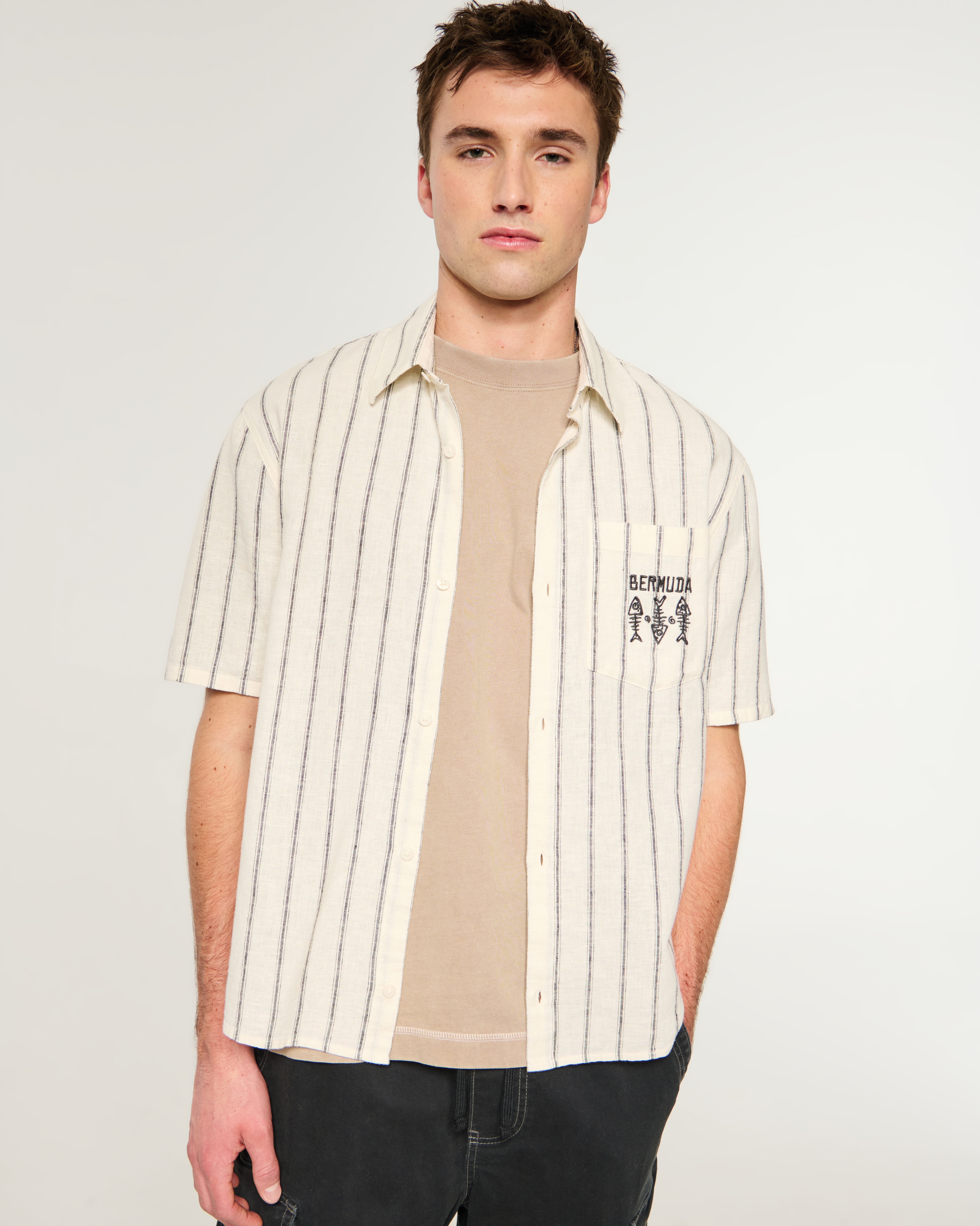 Boxy Short-Sleeve Linen-Blend Bermuda Graphic Shirt