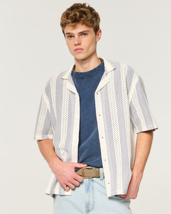 Boxy Short-Sleeve Crochet-Style Shirt, Navy Stripe view 1