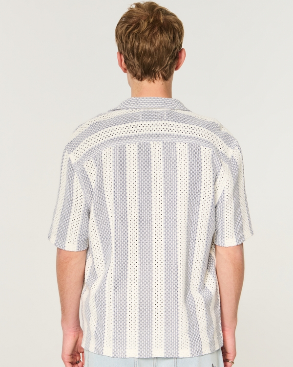 Boxy Short-Sleeve Crochet-Style Shirt, Navy Stripe view 2