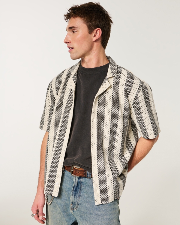 Boxy Short-Sleeve Crochet-Style Shirt, Black Stripe view 1