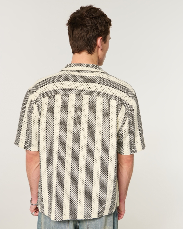 Boxy Short-Sleeve Crochet-Style Shirt, Black Stripe view 2
