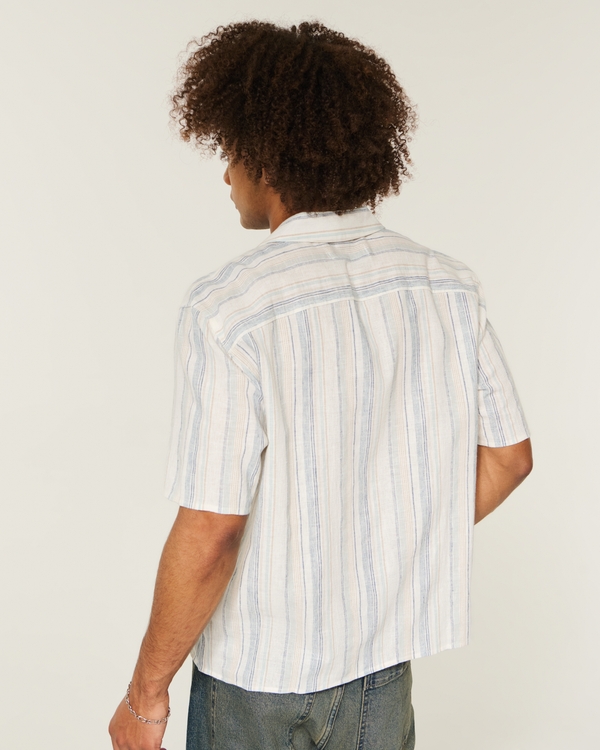 Boxy Short-Sleeve Linen-Blend Shirt, Cream Stripe view 2