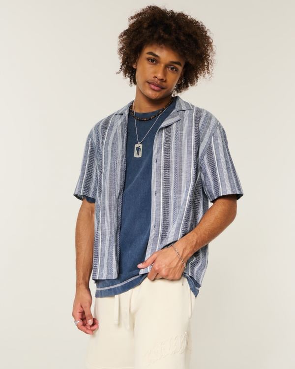 Boxy Short-Sleeve Textural Shirt, Navy Stripe view 1