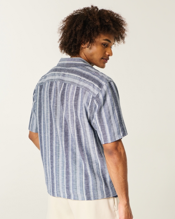 Boxy Short-Sleeve Textural Shirt, Navy Stripe view 2