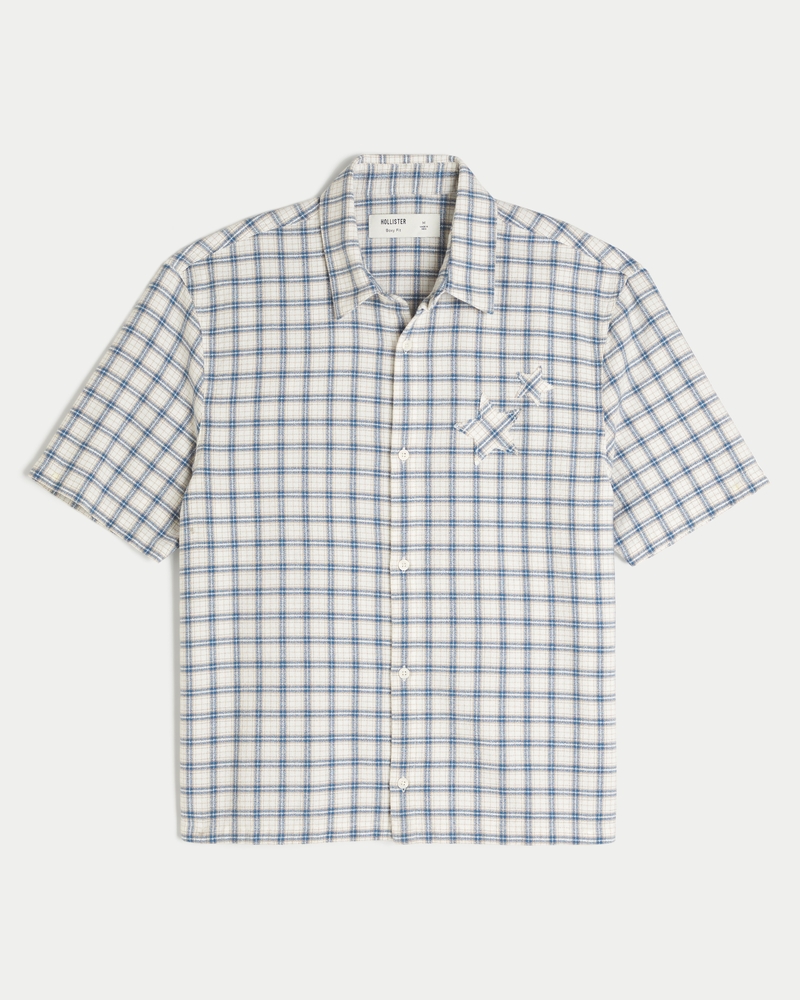 Men's Boxy Star Applique Check Pattern Shirt in Cream Plaid Size L from Hollister