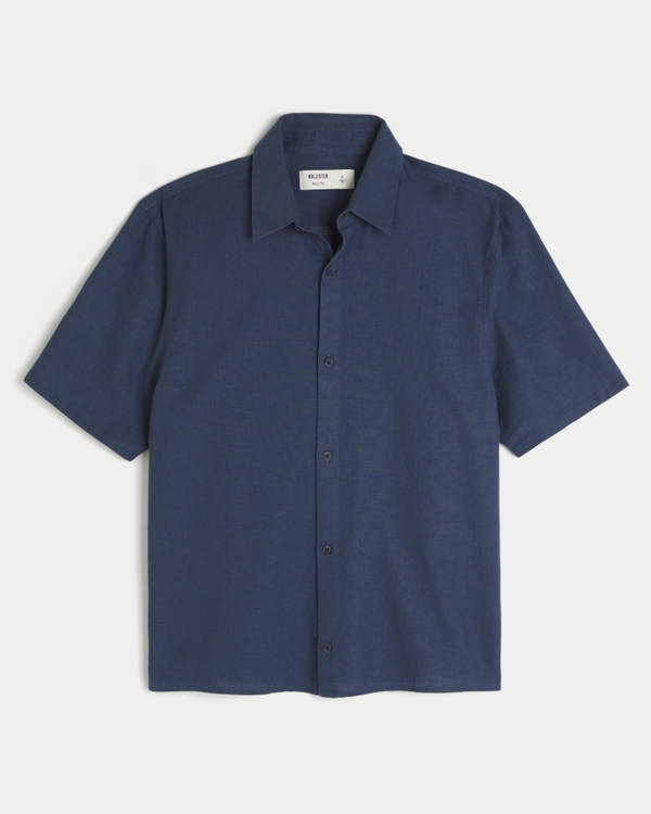 Boxy Short-Sleeve Linen-Blend Shirt, Navy view 1