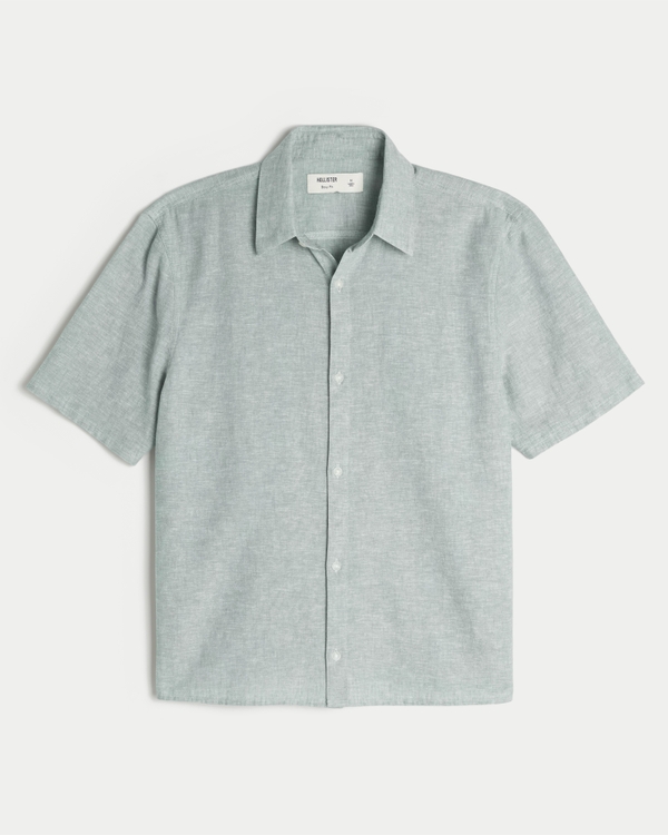 Boxy Short-Sleeve Linen-Blend Shirt, Heather Green view 1