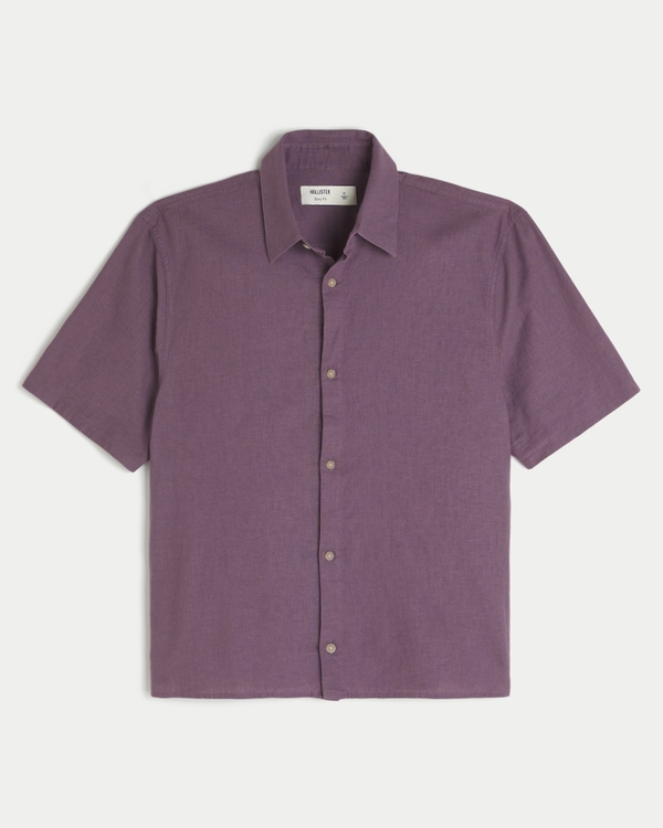 Boxy Short-Sleeve Linen-Blend Shirt, Dark Purple view 1