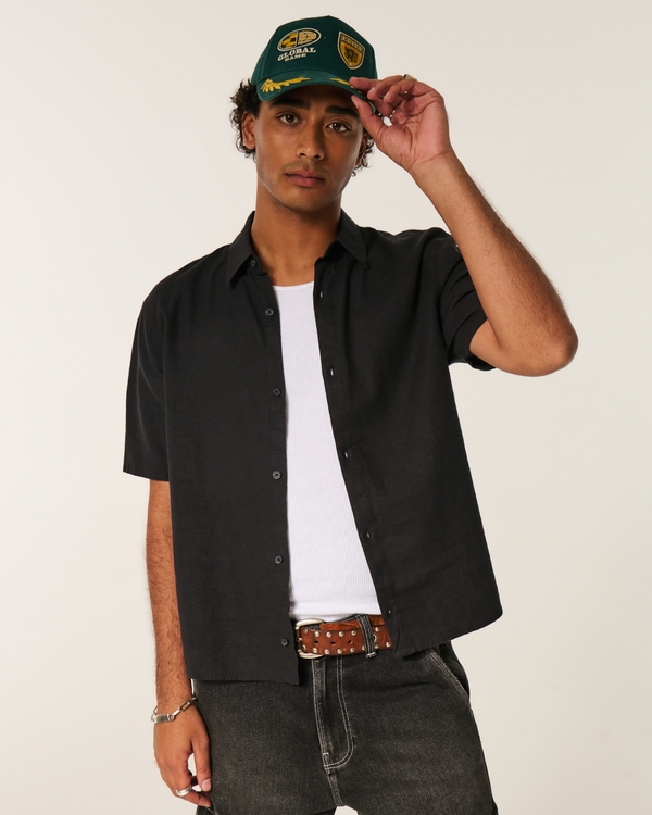 Boxy Short-Sleeve Linen-Blend Shirt, Black view 1