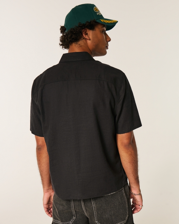 Boxy Short-Sleeve Linen-Blend Shirt, Black view 2