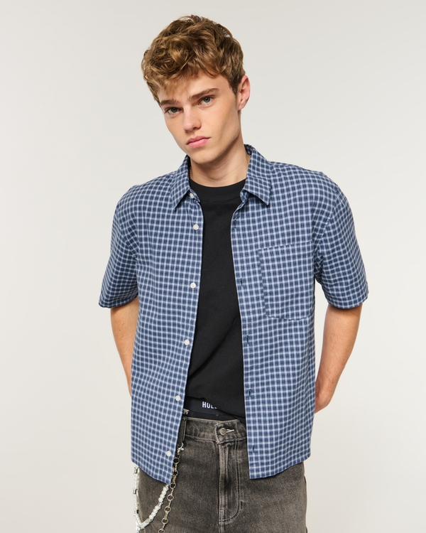 Boxy Short-Sleeve Check Shirt, Navy Plaid view 1