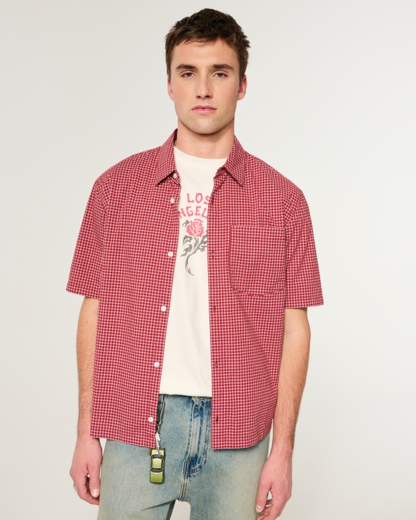 Boxy Short-Sleeve Check Shirt, Dark Red Check view 1
