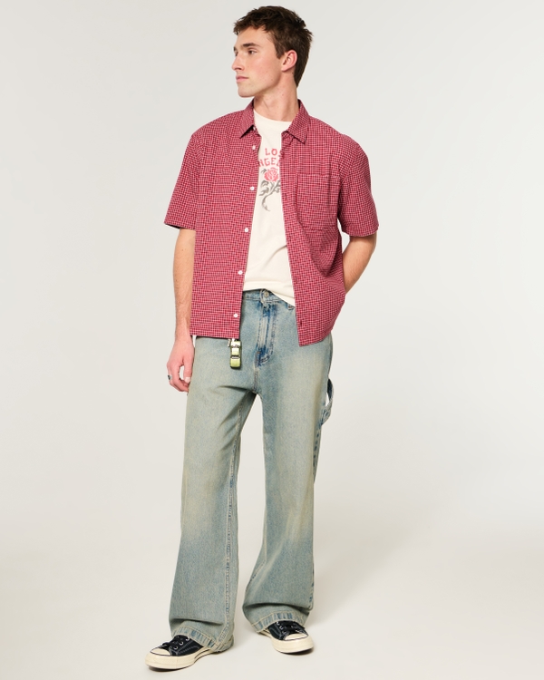 Boxy Short-Sleeve Check Shirt, Dark Red Check view 2