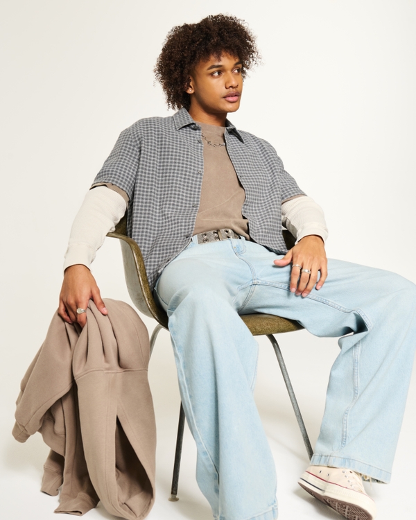 Boxy Short-Sleeve Check Shirt, Black Plaid view 1