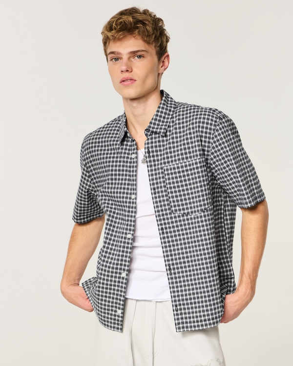 Boxy Short-Sleeve Check Shirt, Black Plaid view 2
