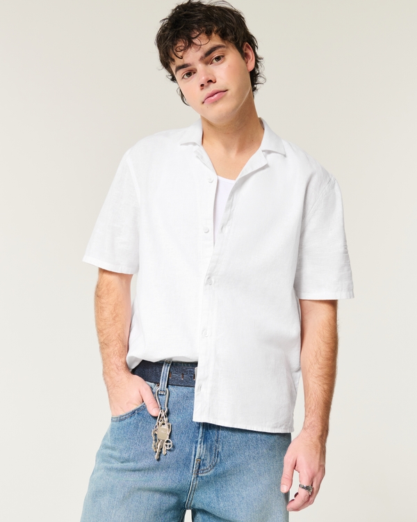 Boxy Short-Sleeve Linen-Blend Shirt, White view 1