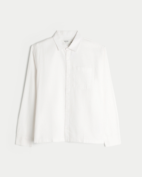 Long-Sleeve Linen-Blend Shirt, White view 1