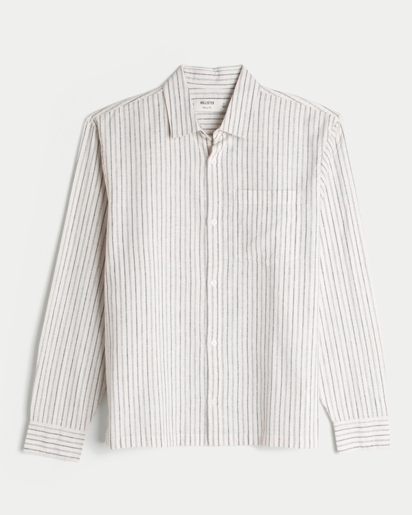 Long-Sleeve Linen-Blend Shirt, Cream view 1