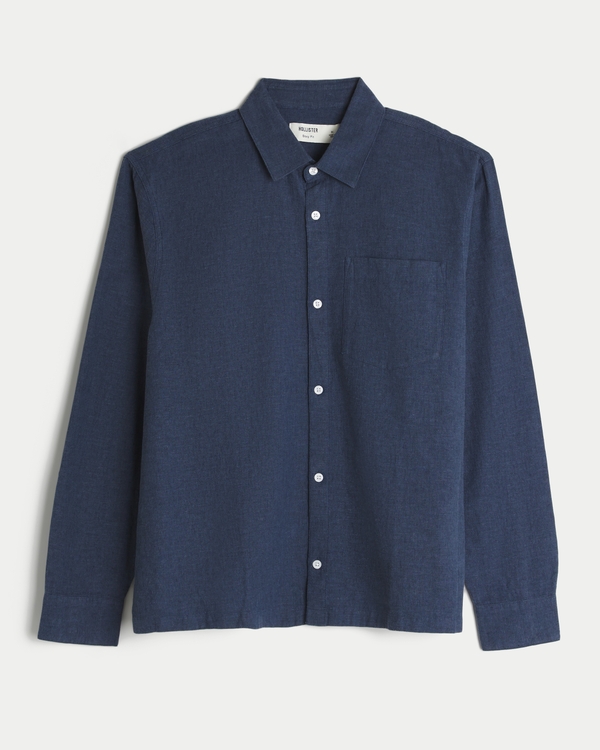 Long-Sleeve Linen-Blend Shirt, Navy view 1