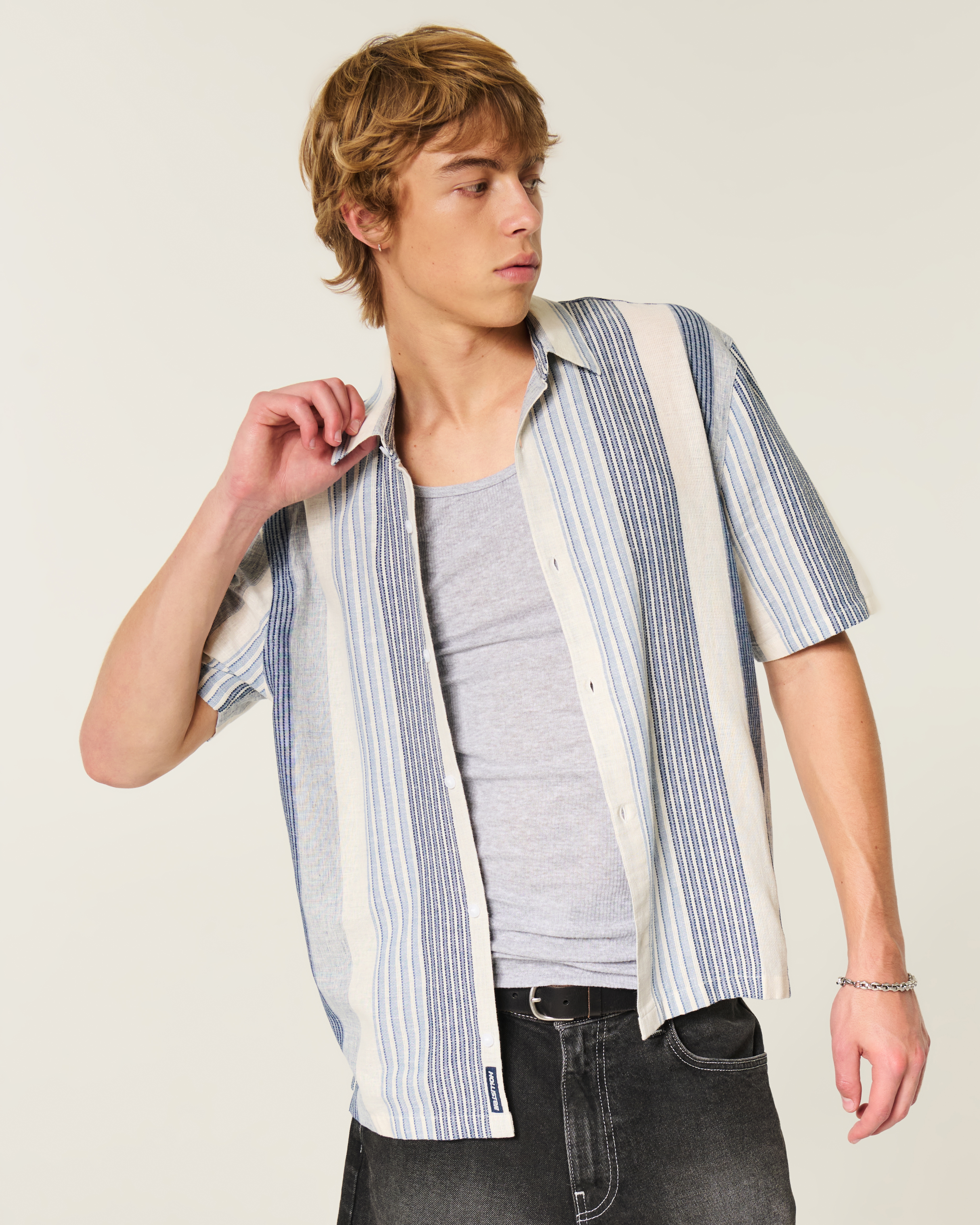 Boxy Short-Sleeve Textural Stripe Shirt