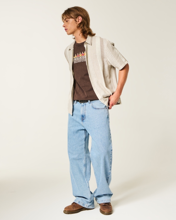 Boxy Short-Sleeve Textural Stripe Shirt, Tan Stripe view 2