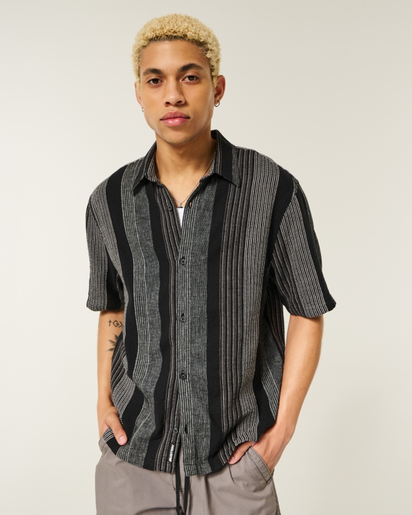 Boxy Short-Sleeve Textural Stripe Shirt, Black Stripe view 1