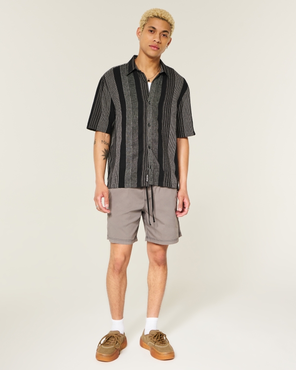 Boxy Short-Sleeve Textural Stripe Shirt, Black Stripe view 2