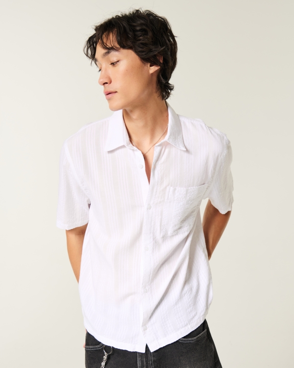 Boxy Short-Sleeve Seersucker Shirt, White view 1