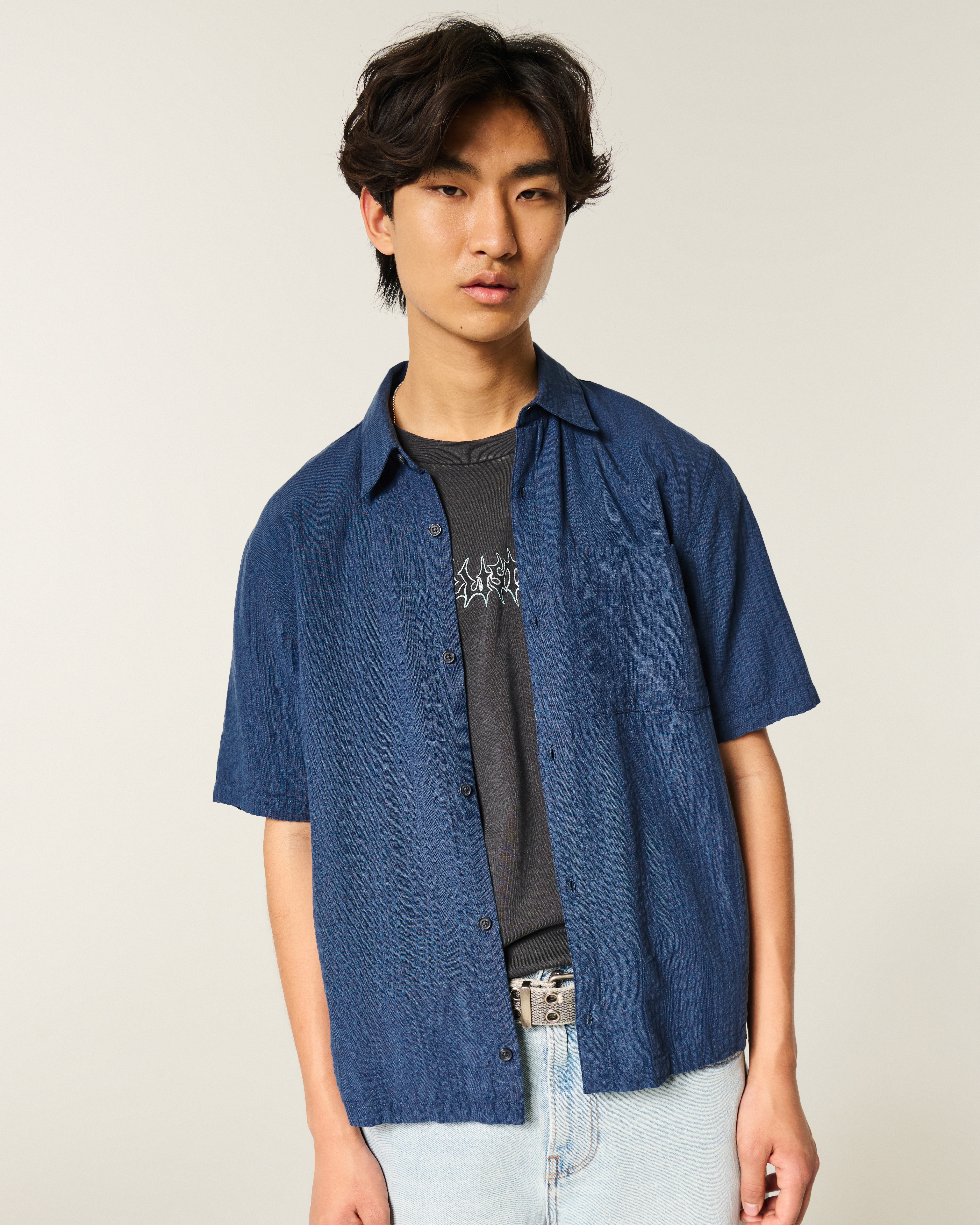 Boxy Short-Sleeve Seersucker Shirt