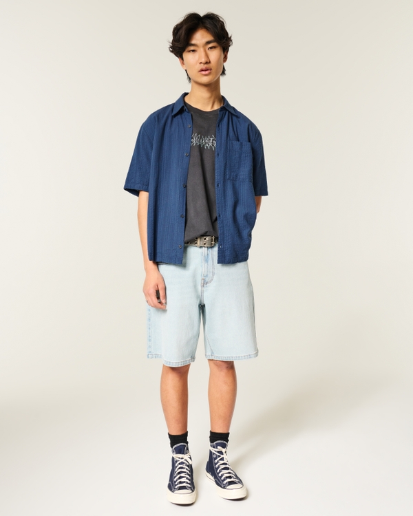 Boxy Short-Sleeve Seersucker Shirt, Faded Navy view 2