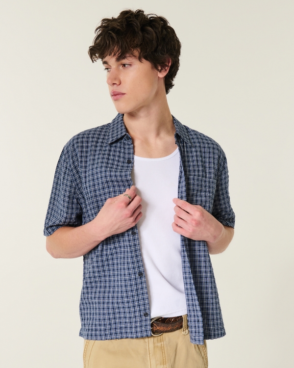 Boxy Short-Sleeve Seersucker Shirt, Navy Plaid view 1