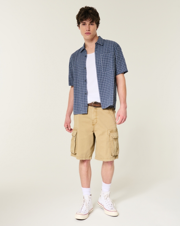 Boxy Short-Sleeve Seersucker Shirt, Navy Plaid view 2