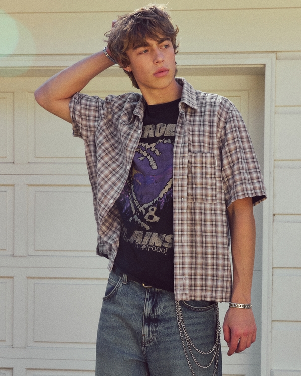 Boxy Short-Sleeve Seersucker Shirt, Tan Plaid view 1