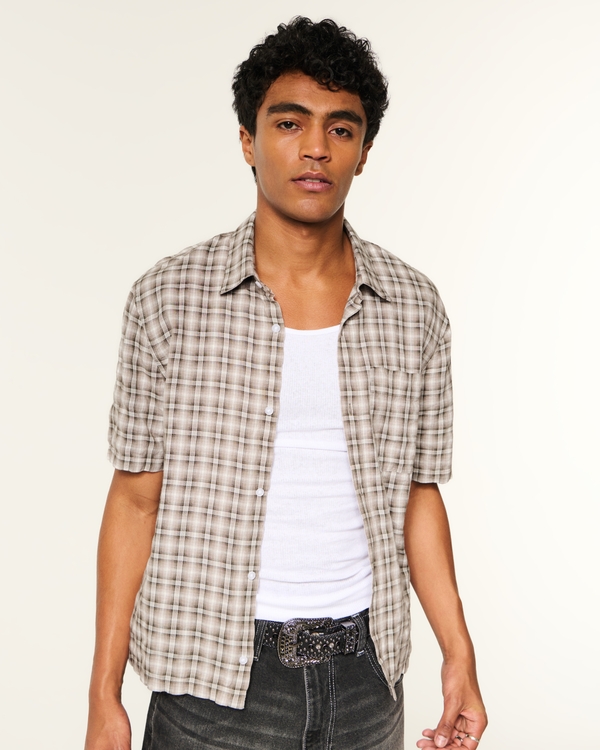 Boxy Short-Sleeve Seersucker Shirt, Tan Plaid view 2