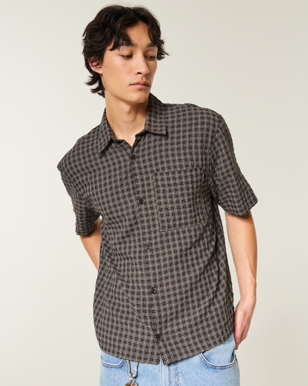 Boxy Short-Sleeve Seersucker Shirt, Black Plaid view 1
