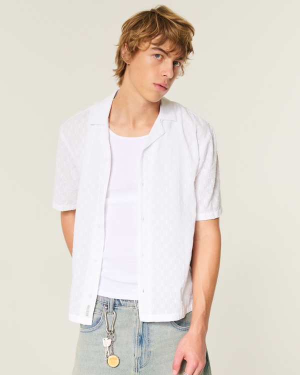 Boxy Short-Sleeve Textural Cotton Shirt, White view 1