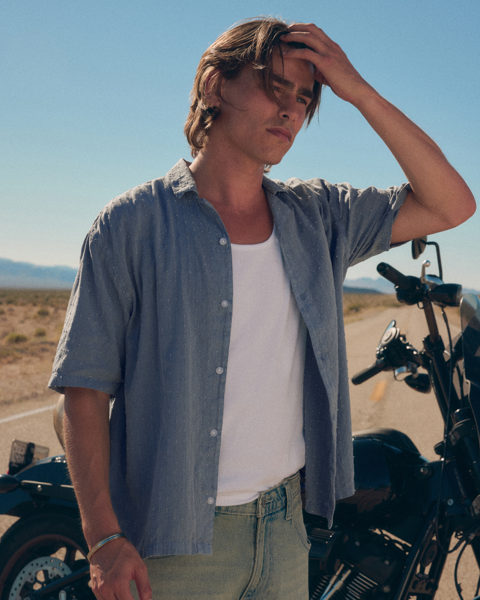 Boxy Short-Sleeve Textural Cotton Shirt