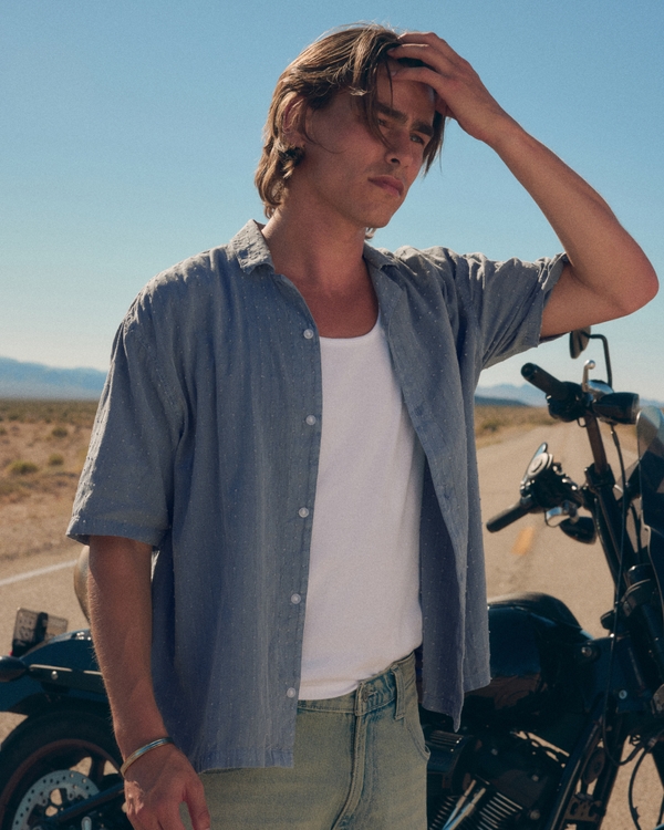 Boxy Short-Sleeve Textural Cotton Shirt, Blue Gray view 1