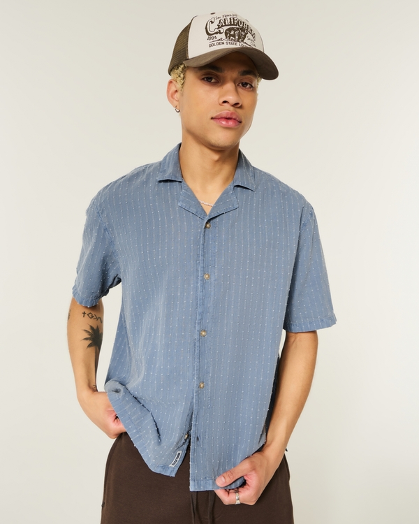 Boxy Short-Sleeve Textural Cotton Shirt, Blue Gray view 2