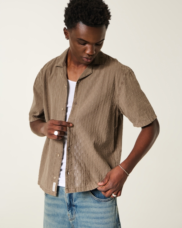 Boxy Short-Sleeve Textural Cotton Shirt, Brown view 1