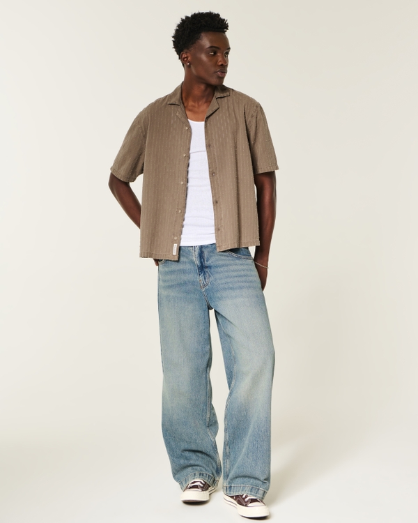 Boxy Short-Sleeve Textural Cotton Shirt, Brown view 2