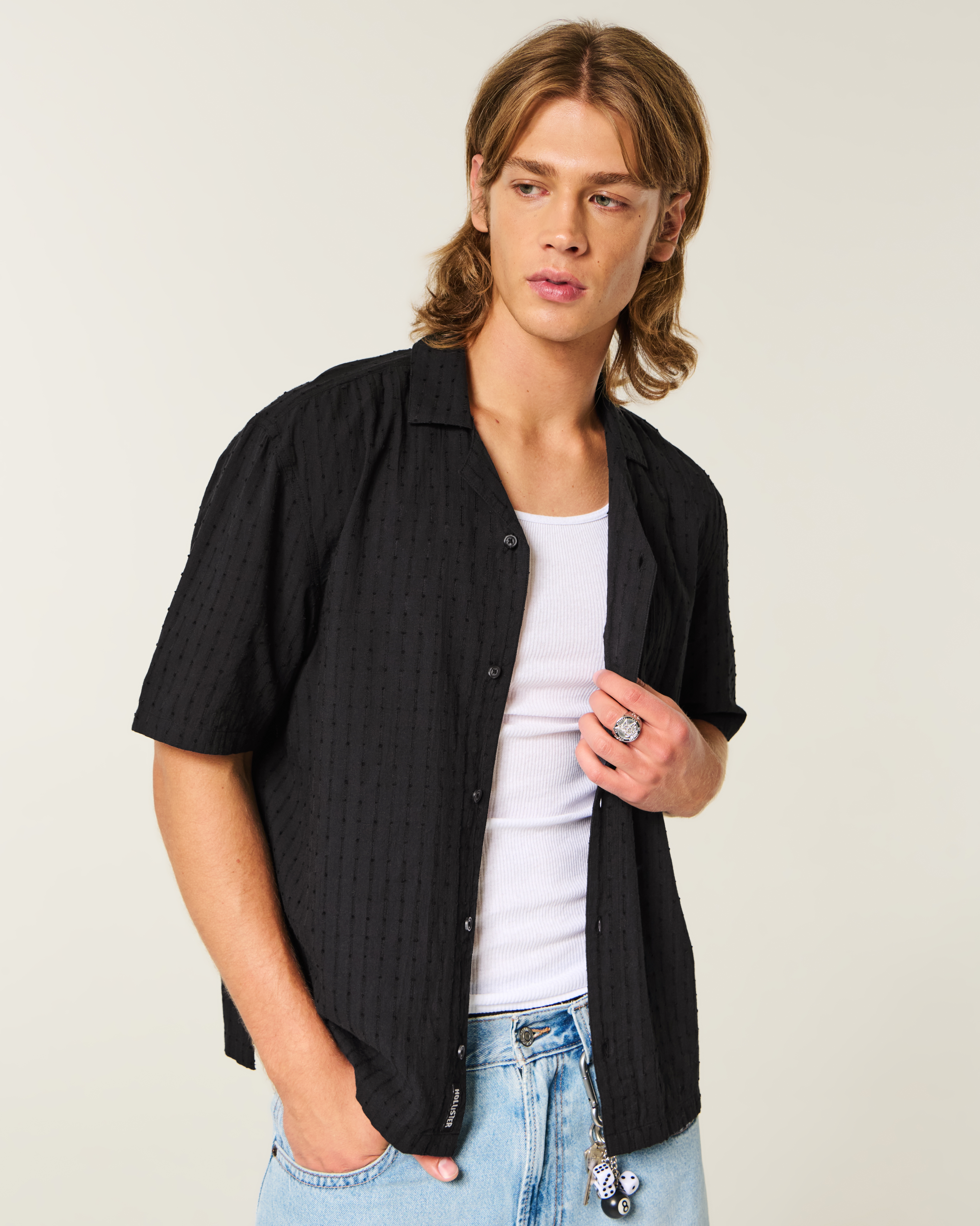 Boxy Short-Sleeve Textural Cotton Shirt