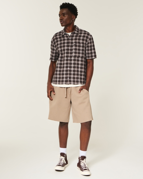 Boxy Short-Sleeve Button-Through Shirt, Dark Brown Plaid view 2