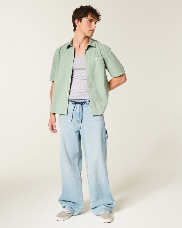 Boxy Barcelona Graphic Button-Through Shirt, Light Green Micro Check view 2
