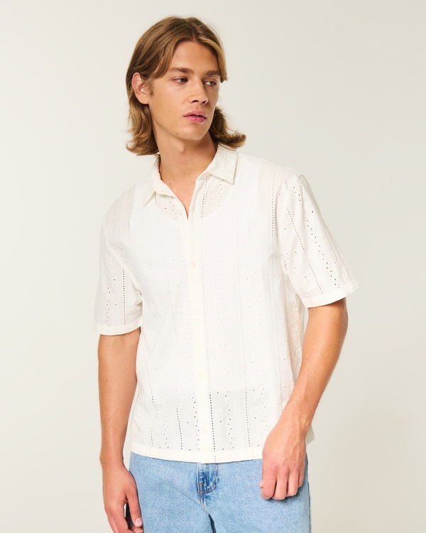 Boxy Short-Sleeve Eyelet Button-Through Shirt, White view 1