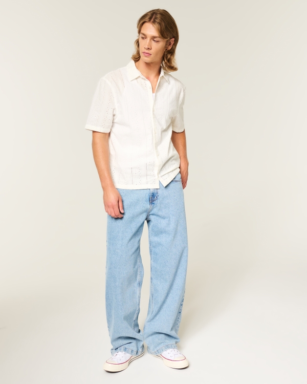 Boxy Short-Sleeve Eyelet Button-Through Shirt, White view 2