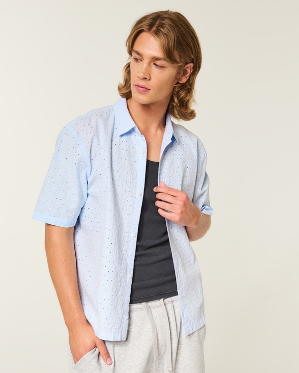 Boxy Short-Sleeve Eyelet Button-Through Shirt, Light Blue view 1