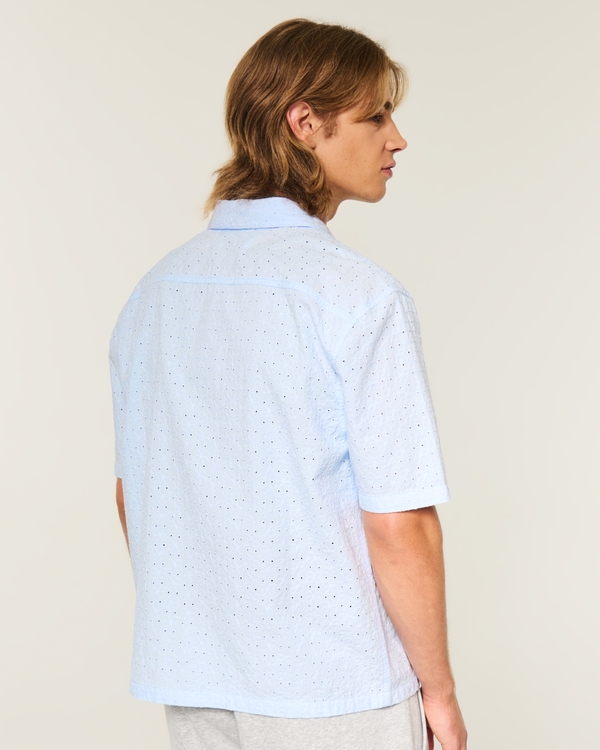 Boxy Short-Sleeve Eyelet Button-Through Shirt, Light Blue view 2