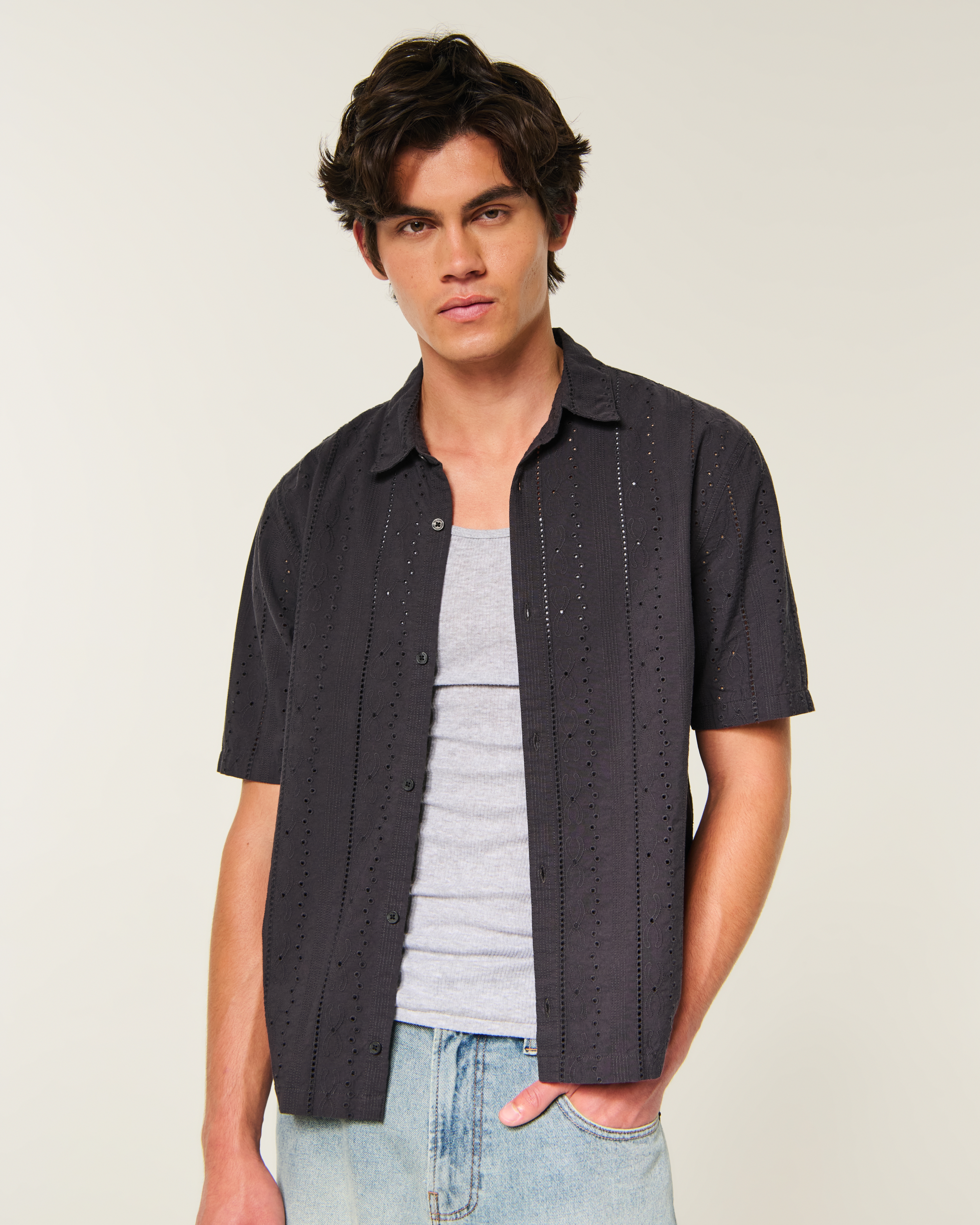 Boxy Short-Sleeve Eyelet Button-Through Shirt